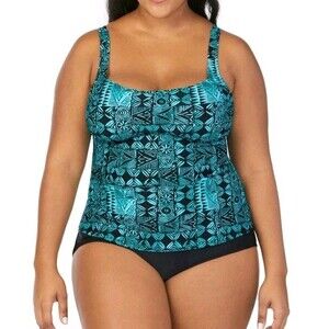 St. John's Bay Batik Patch Peasant Tankini Swim Top Plus Size 24W Turquoise